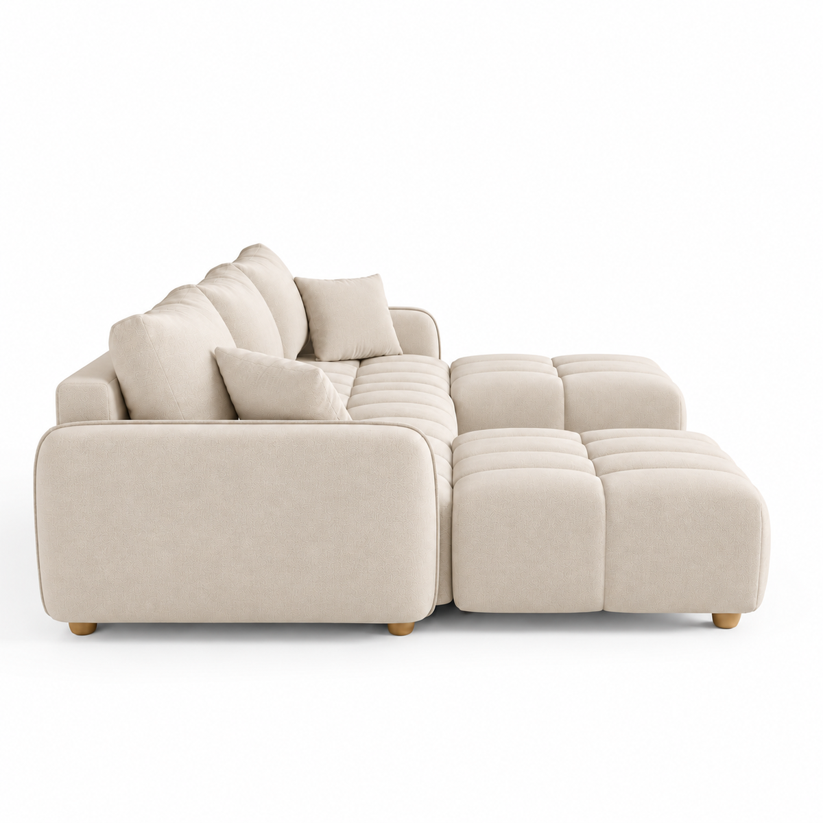 Canapé Huelva 3 places avec deux poufs, en velours beige, vue de profil