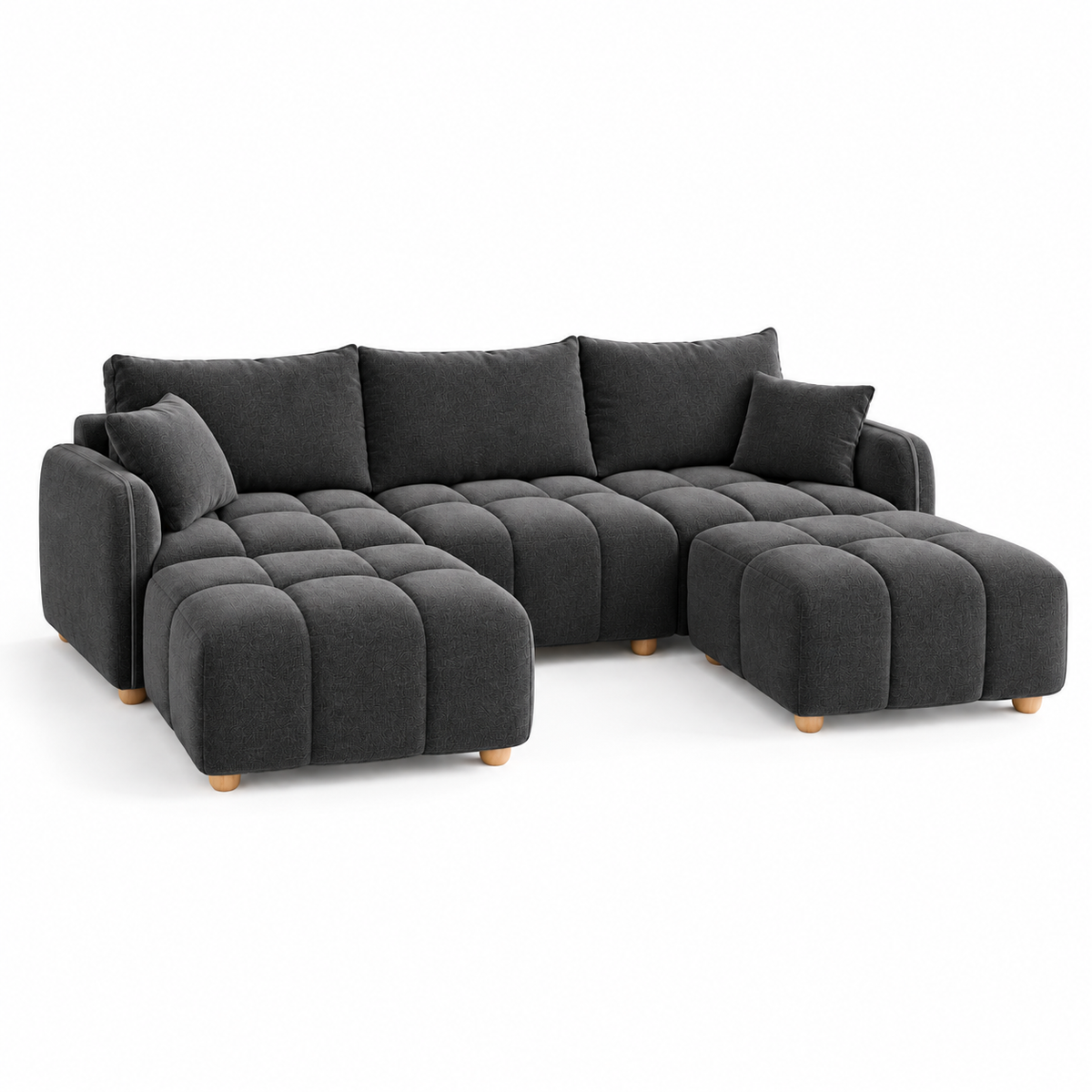 Canapé Huelva 3 places avec deux poufs, en velours gris anthracite, vue de trois-quarts