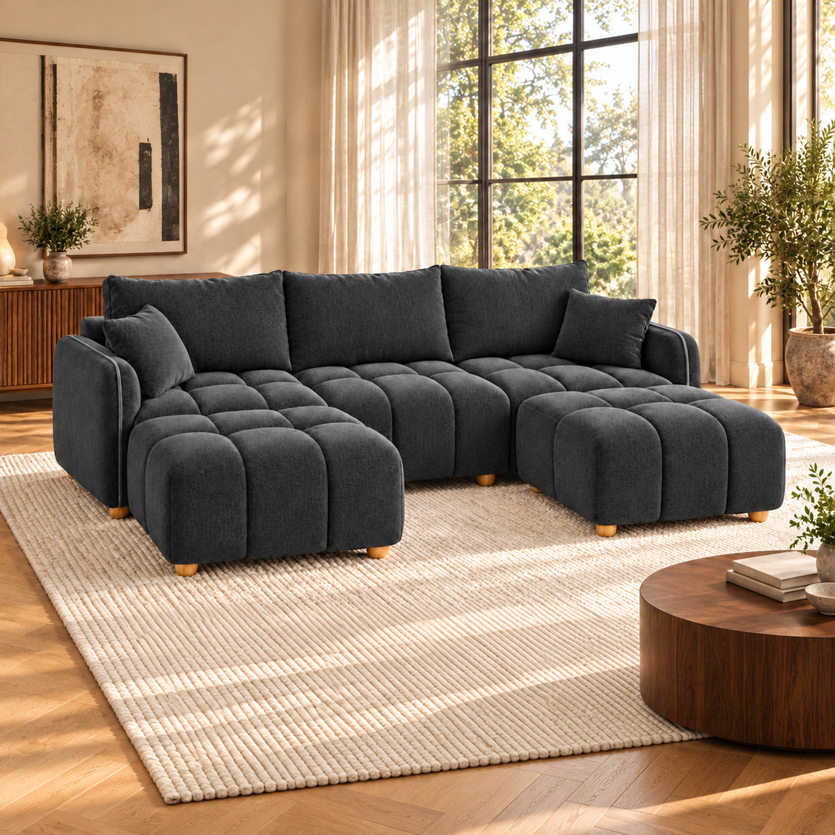 Gris anthracite | Canapé Huelva 3 places avec deux poufs, en velours gris anthracite, dans un salon