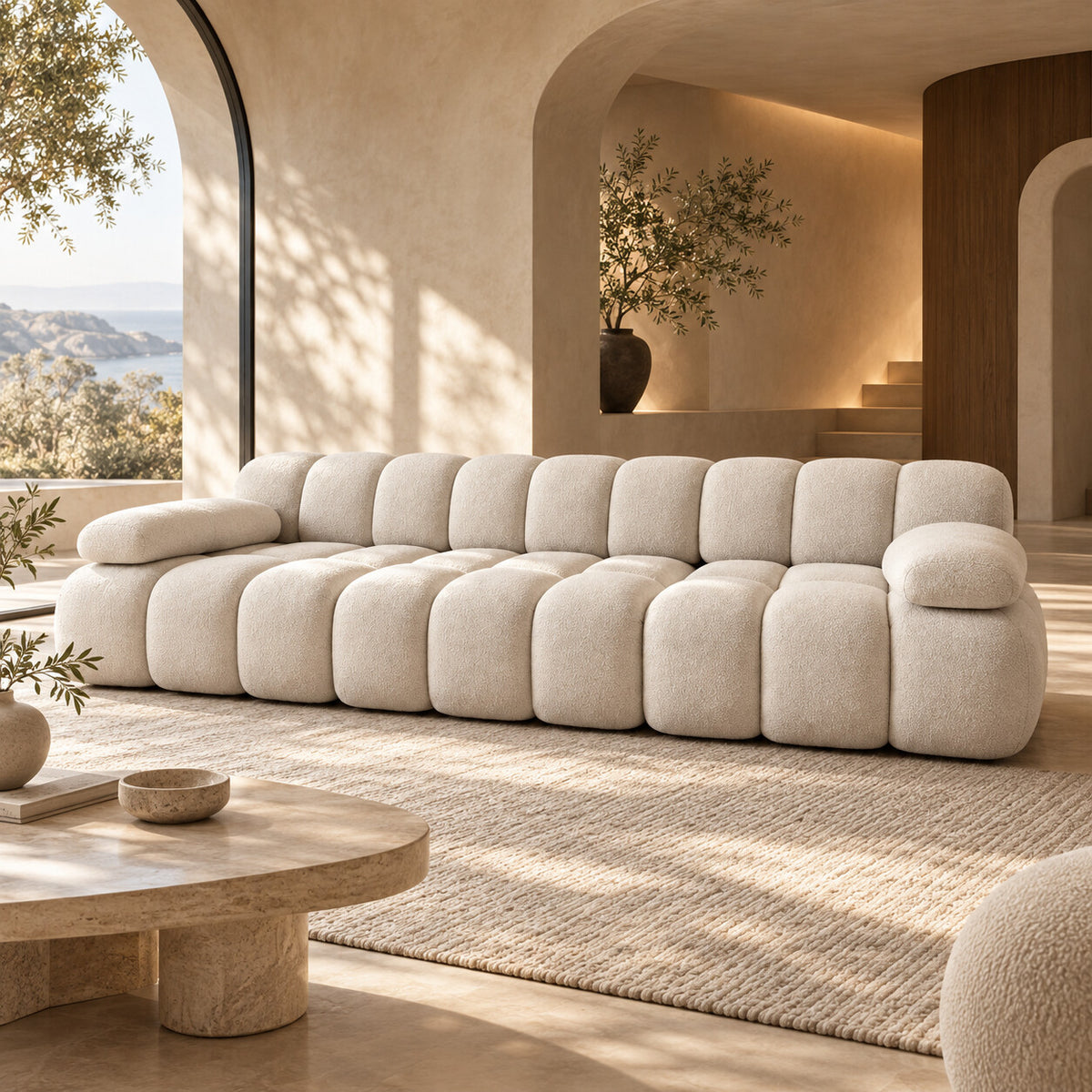 Canapé Almería 3 places beige à larges côtes en situation dans un salon