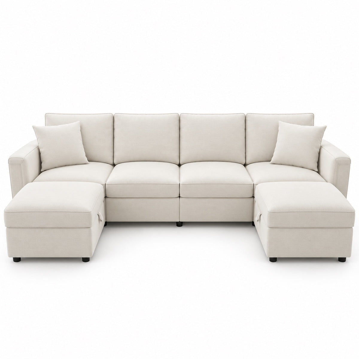 Canapé modulable Cadiz 4 places en tissu ivoire avec 2 poufs coffres de rangement, vue de face