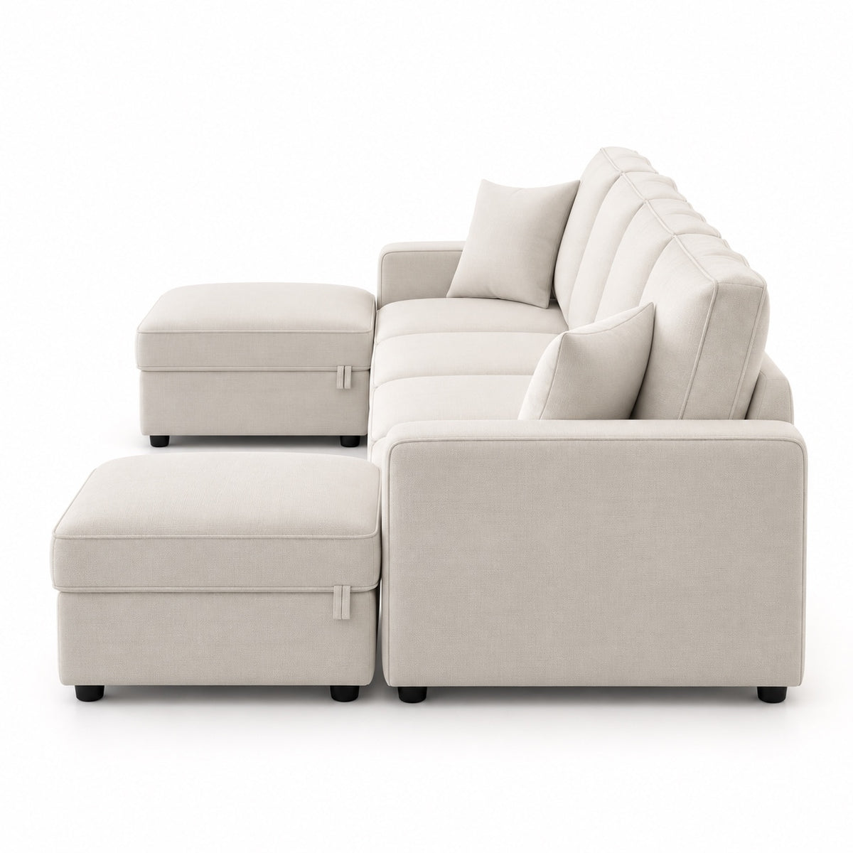 Canapé modulable Cadiz 4 places en tissu ivoire avec 2 poufs coffres de rangement, vue de profil
