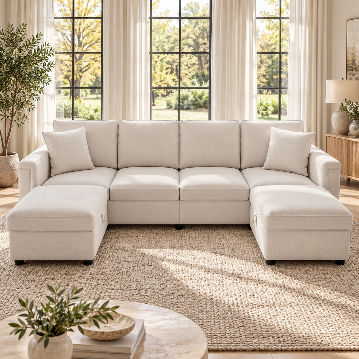 Canapé modulable Cadiz 4 places en tissu ivoire avec 2 poufs coffres de rangement en situation dans un salon