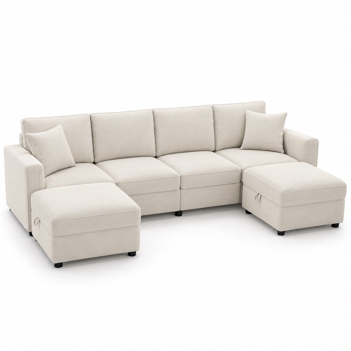 Canapé modulable Cadiz 4 places en tissu ivoire avec 2 poufs coffres de rangement, vue trois quarts