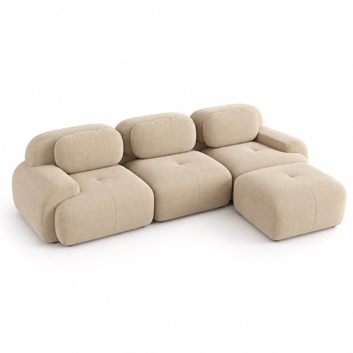 Canapé Grenade 3 places en velours côtelé beige avec pouf, vue trois quarts
