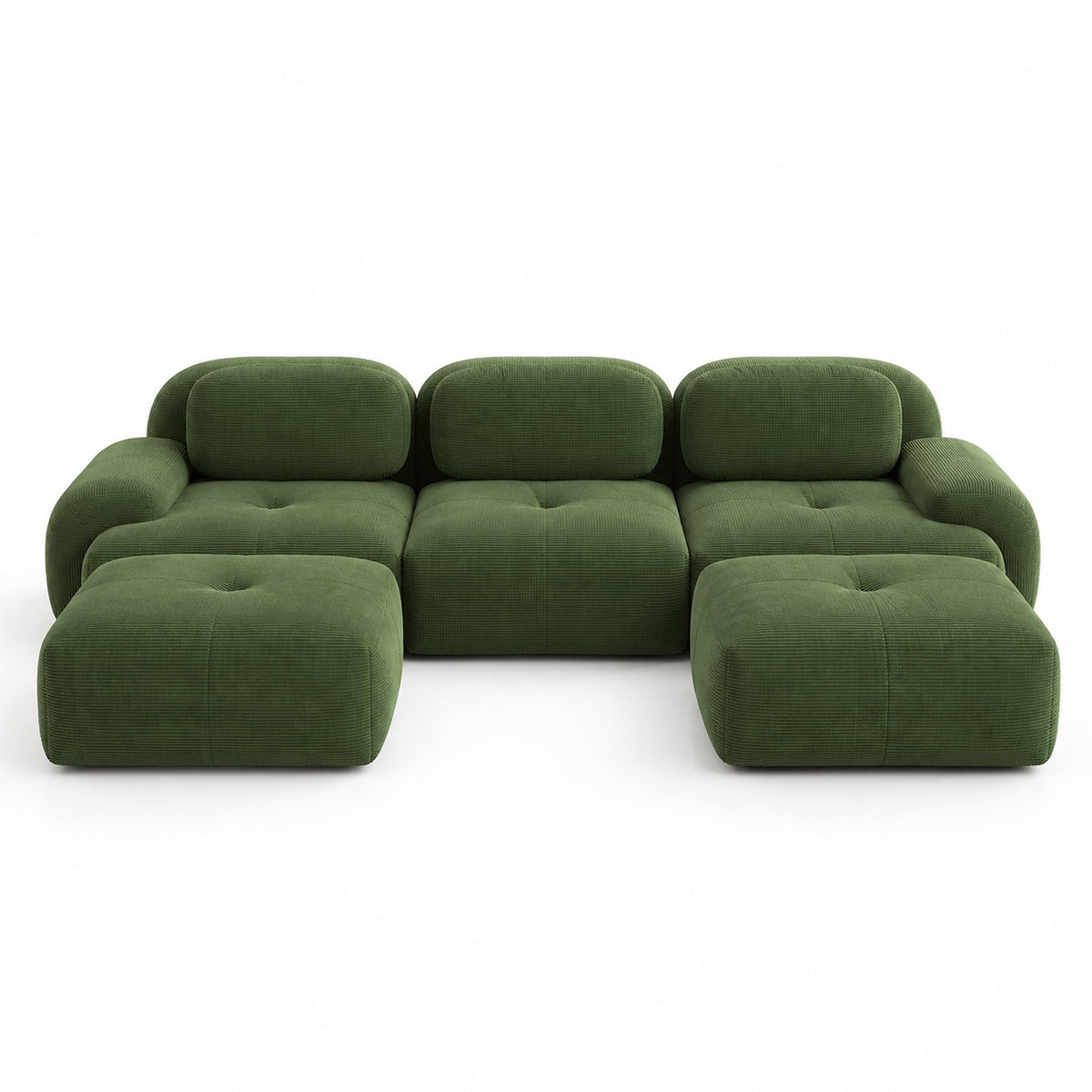Canapé Grenade 3 places en velours côtelé vert olive avec 2 poufs, vue de face