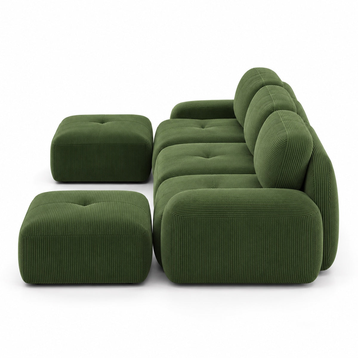 Canapé Grenade 3 places en velours côtelé vert olive avec 2 poufs, vue de profil