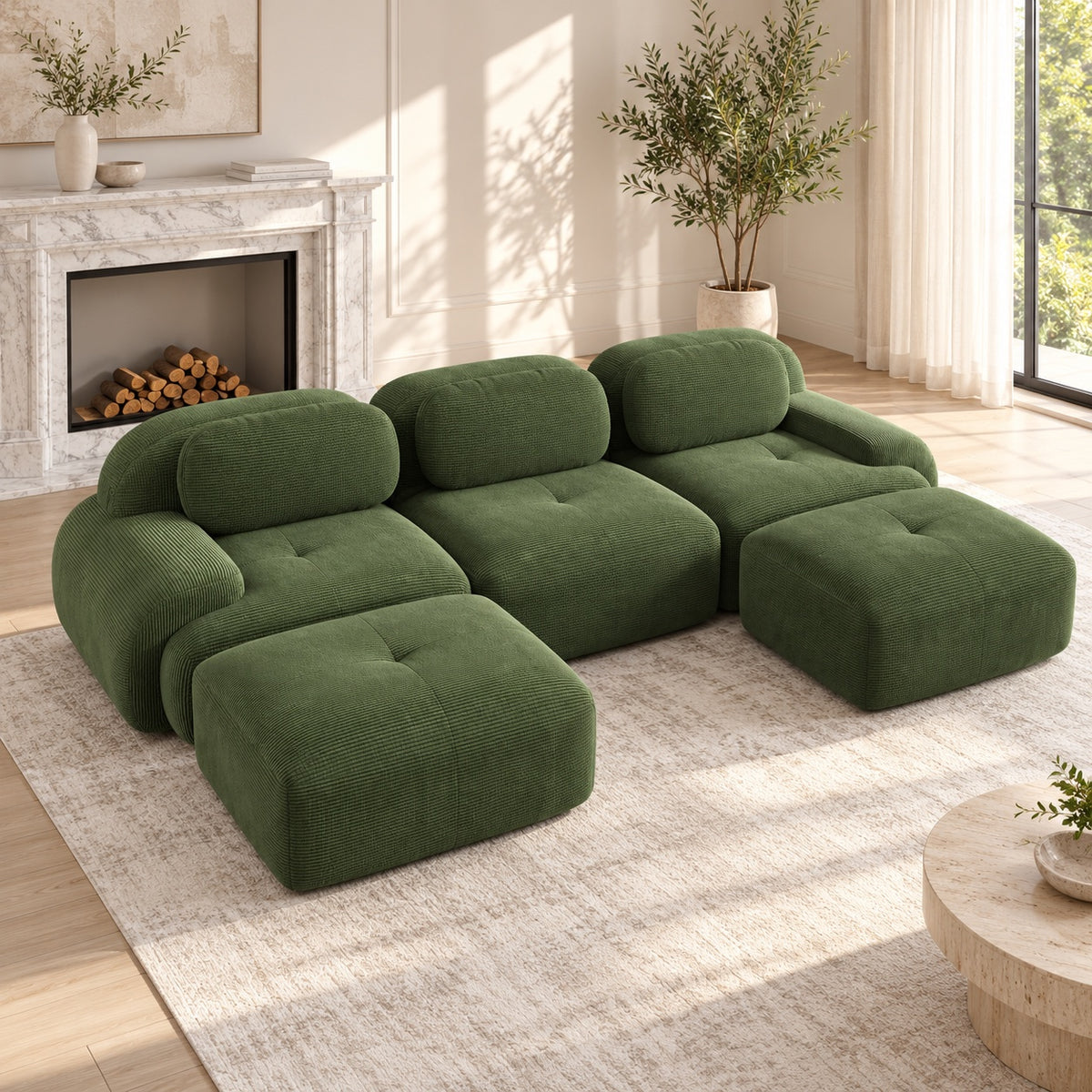 Canapé Grenade 3 places en velours côtelé vert olive avec 2 poufs en situation dans un salon