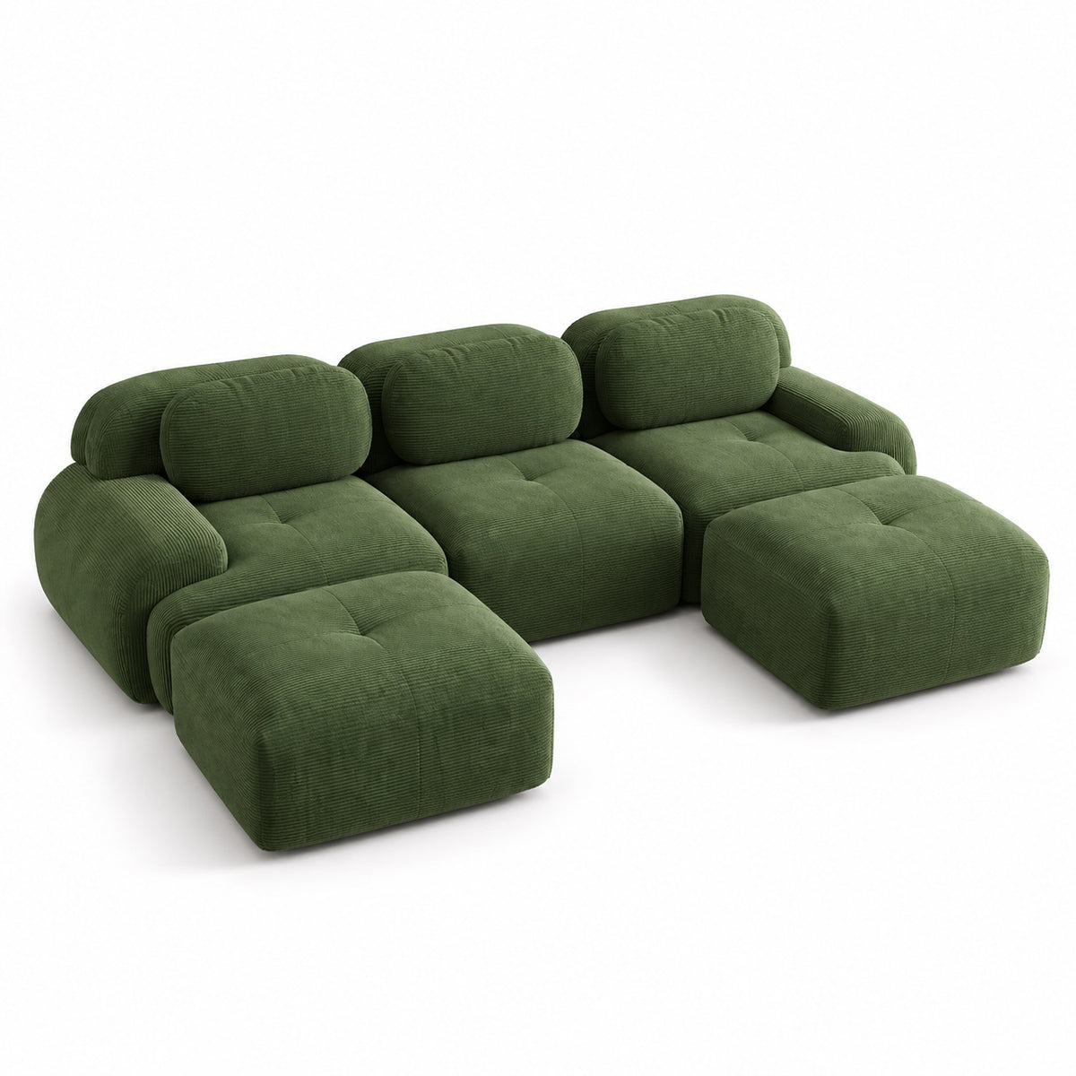 Canapé Grenade 3 places en velours côtelé vert olive avec 2 poufs, vue trois quarts