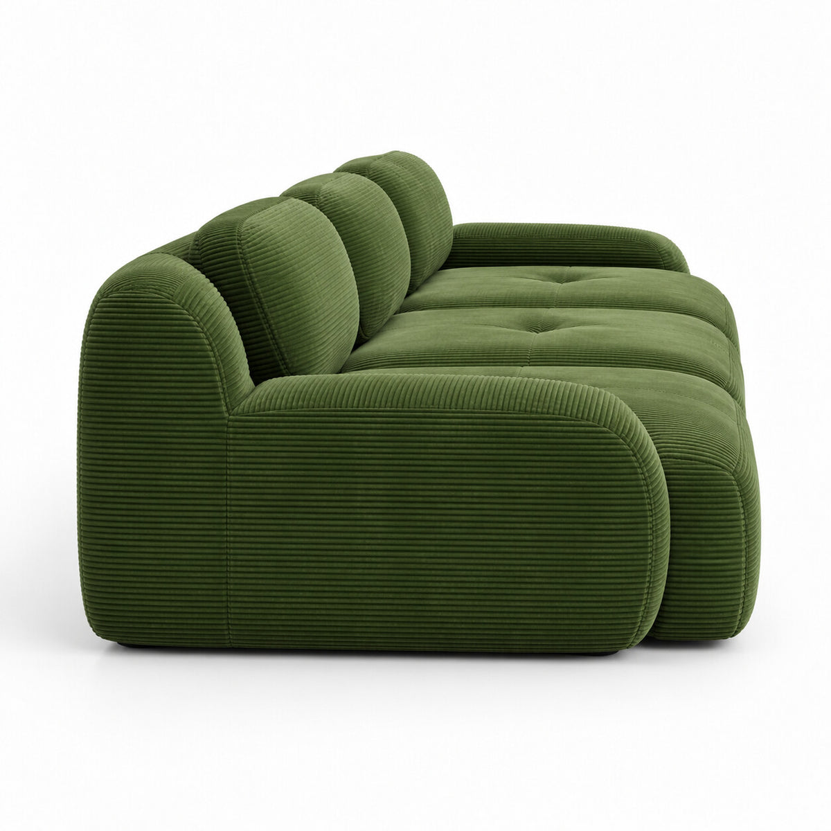 Canapé Grenade 3 places en velours côtelé vert olive, vue de profil