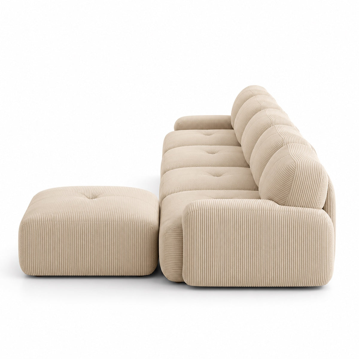 Canapé Grenade 4 places en velours côtelé beige avec pouf, vue de profil
