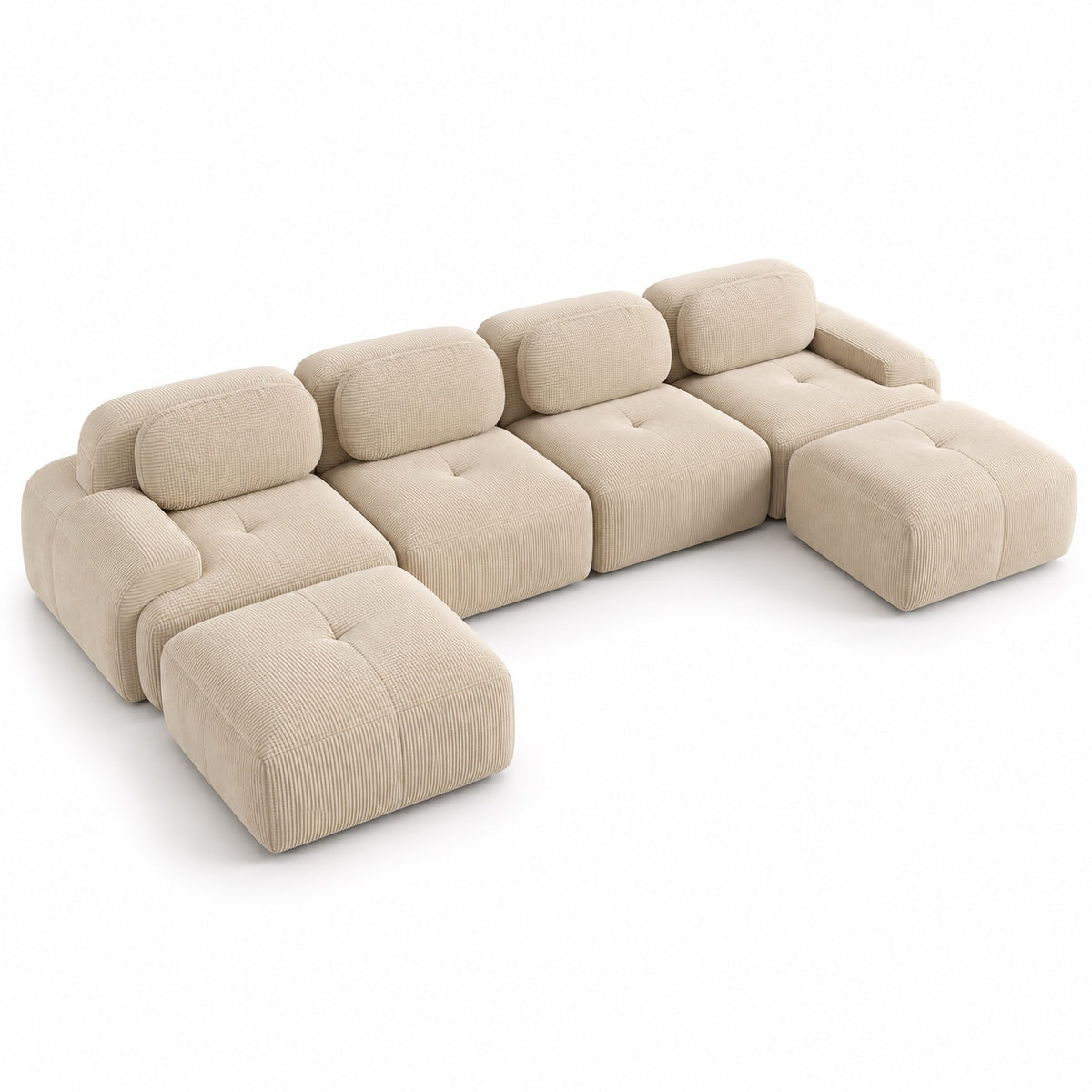 Canapé Grenade 4 places en velours côtelé beige avec 2 poufs, vue trois quarts