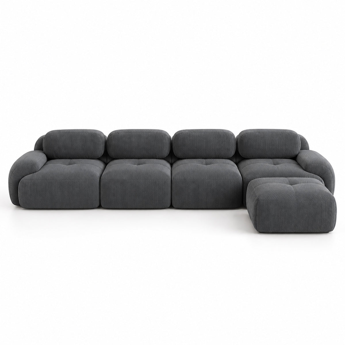 Canapé Grenade 4 places en velours côtelé gris avec pouf, vue de face