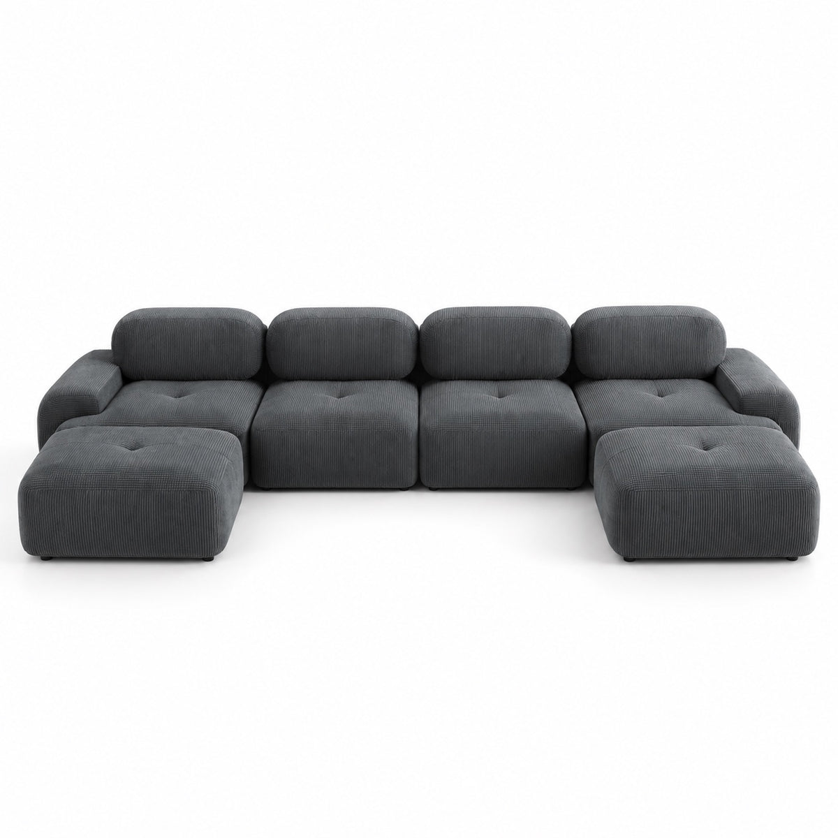Canapé Grenade 4 places en velours côtelé gris avec 2 poufs, vue de face