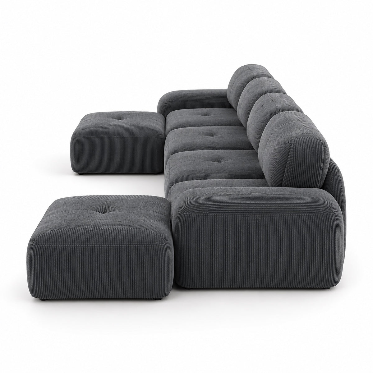 Canapé Grenade 4 places en velours côtelé gris avec 2 poufs, vue de profil