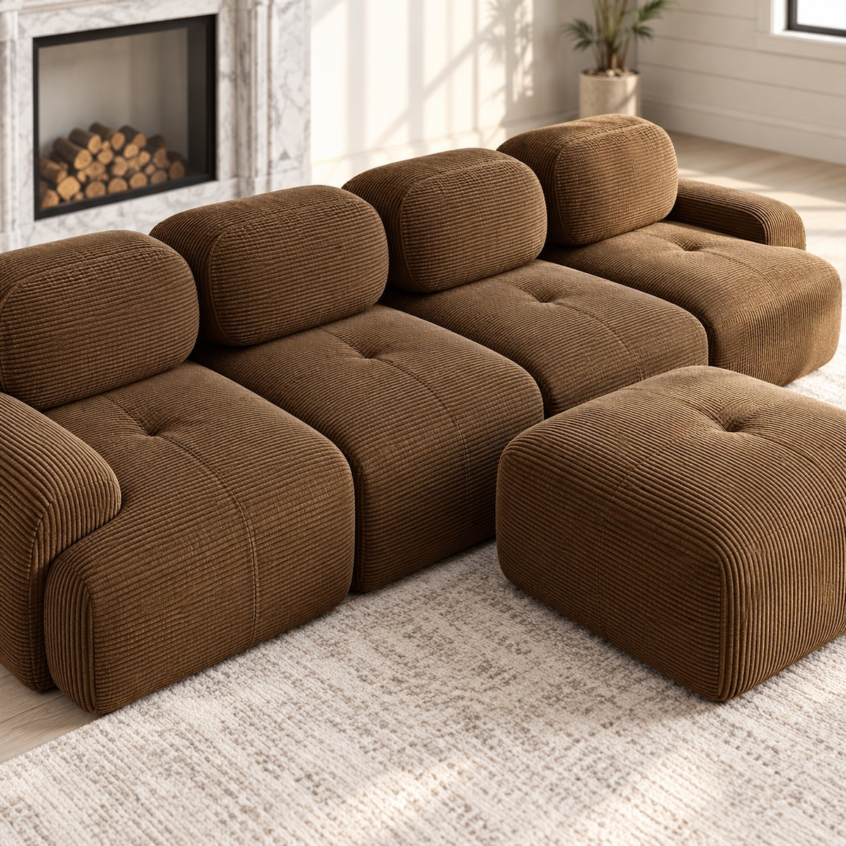 Canapé Grenade 4 places en velours côtelé marron avec pouf, détail du tissu