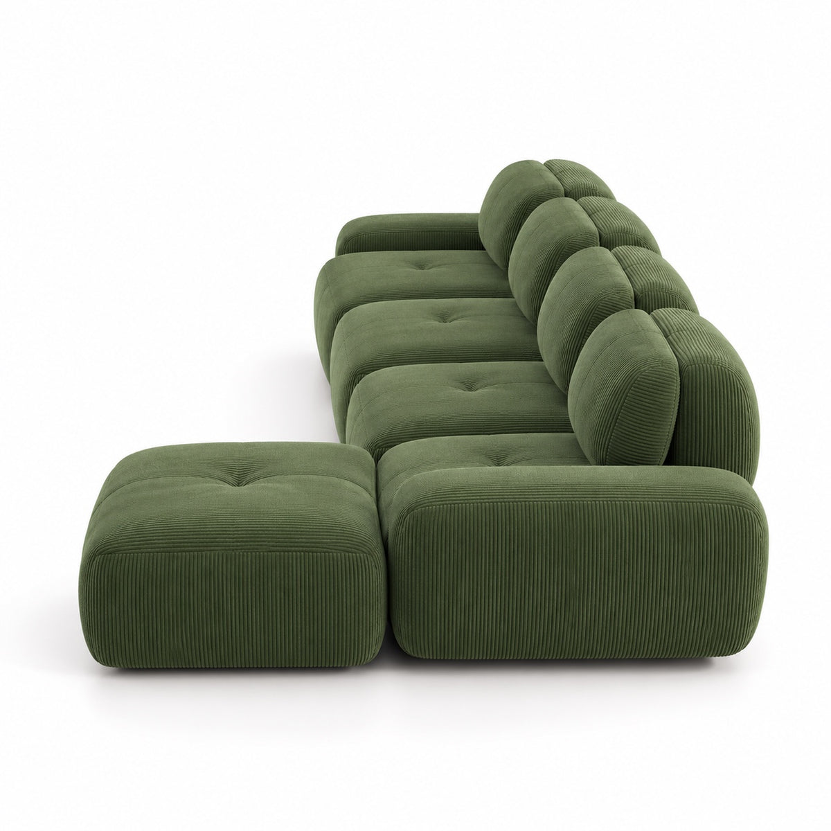 Canapé Grenade 4 places en velours côtelé vert olive avec pouf, vue de profil