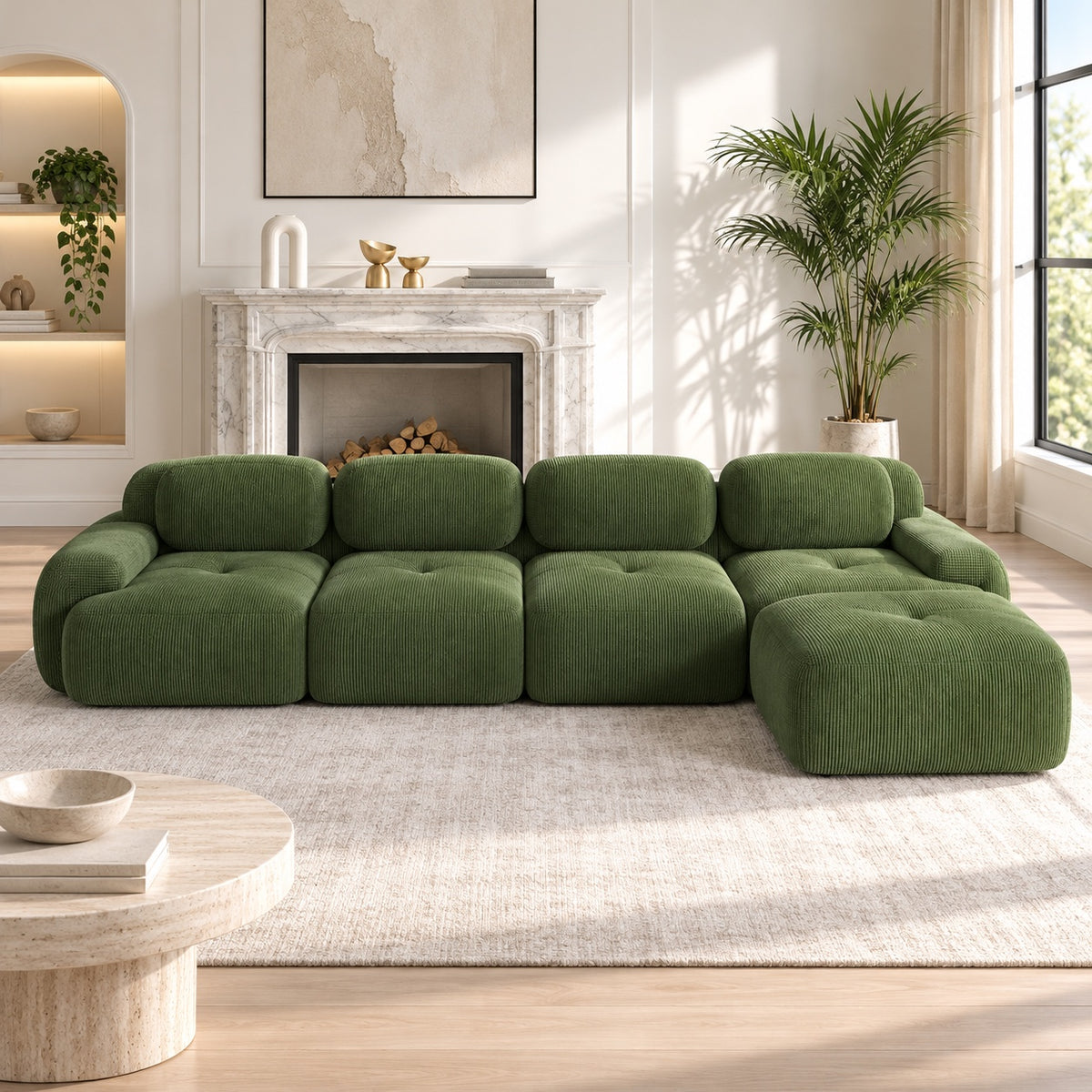Canapé Grenade 4 places en velours côtelé vert olive avec pouf en situation dans un salon