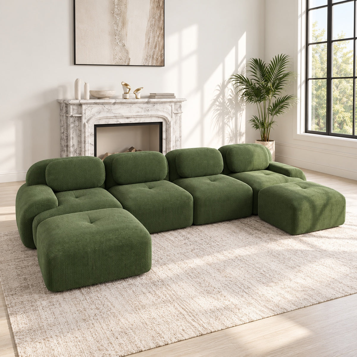 Canapé Grenade 4 places en velours côtelé vert olive avec 2 poufs en situation dans un salon