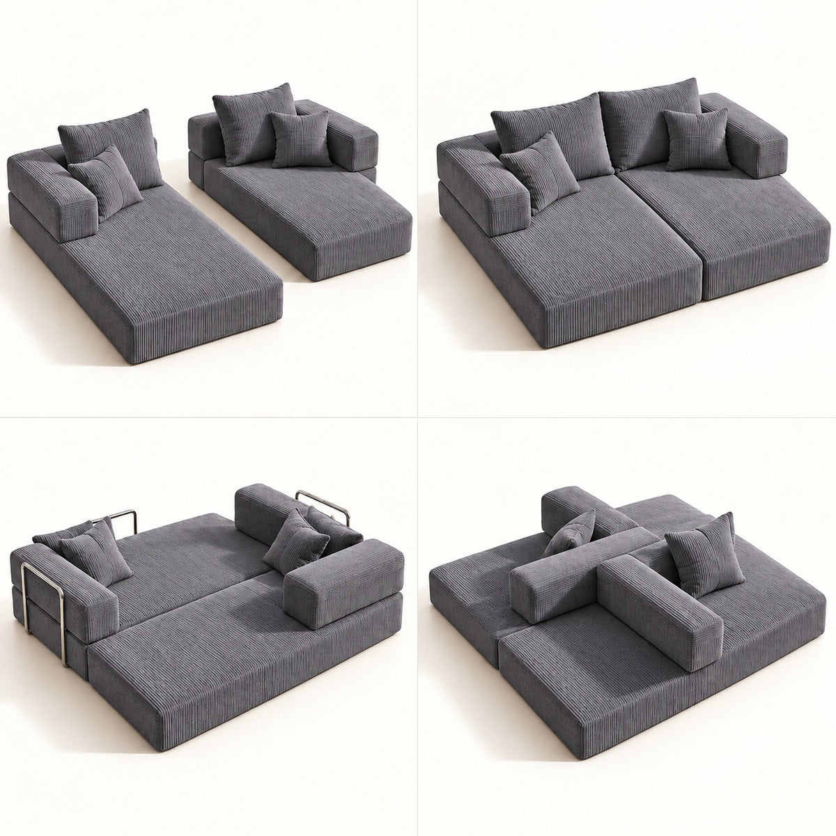 Canapé convertible Jaén 2 places en velours côtelé gris ardoise, quatre configurations modulables