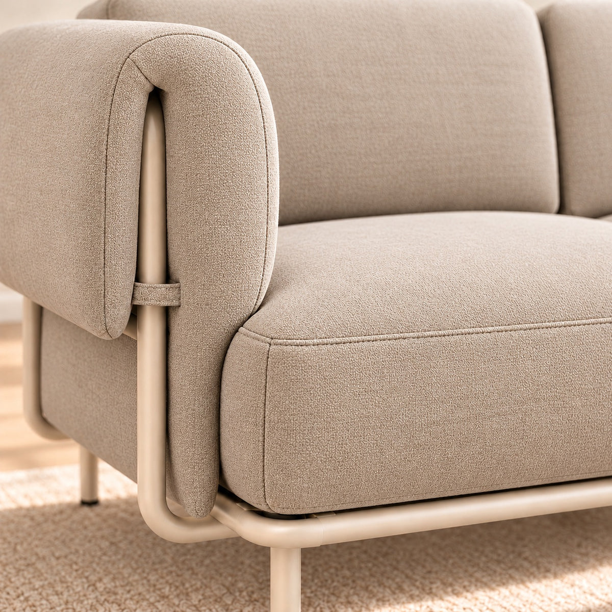 Canapé modulable Malaga 3 places en tissu chiné beige avec pouf, détail du tissu