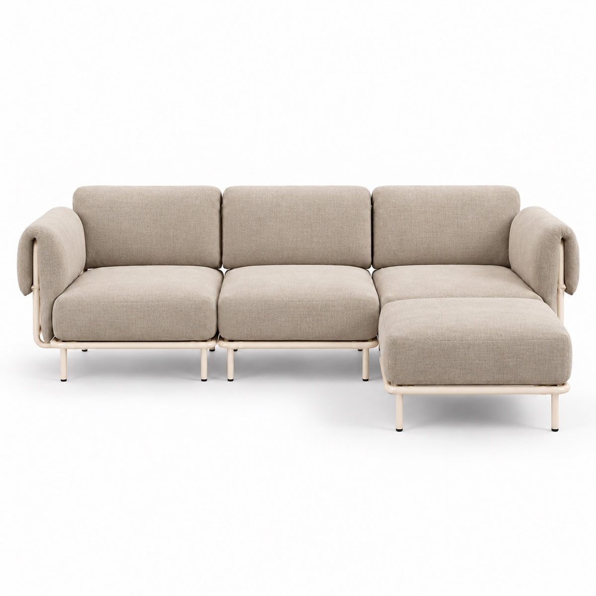 Canapé modulable Malaga 3 places en tissu chiné beige avec pouf, vue de face