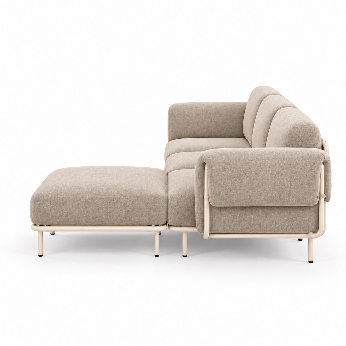 Canapé modulable Malaga 3 places en tissu chiné beige avec pouf, vue de profil