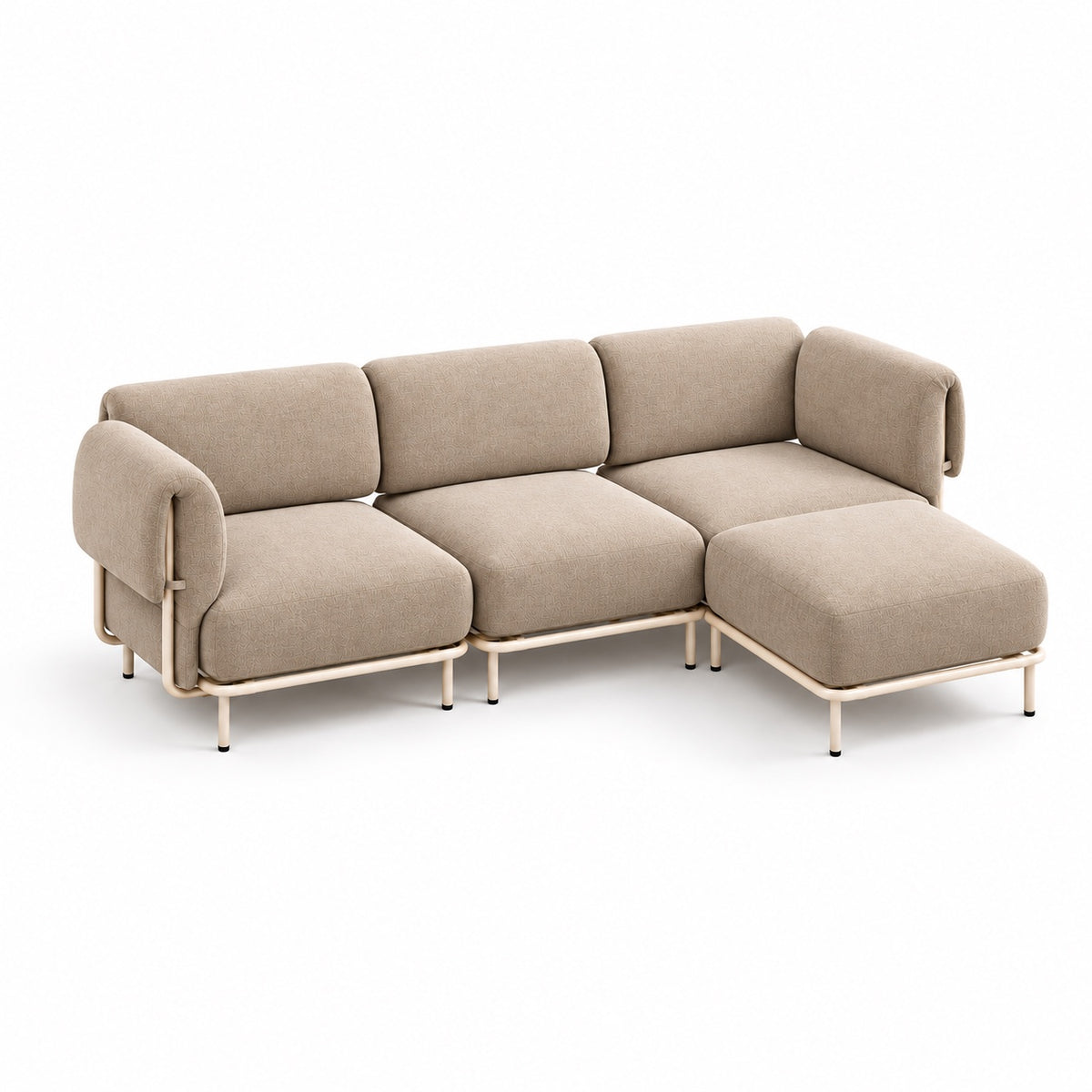 Canapé modulable Malaga 3 places en tissu chiné beige avec pouf, vue trois quarts