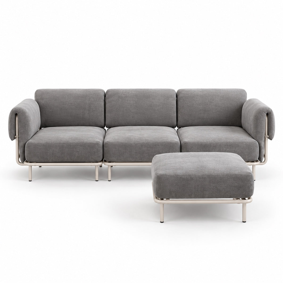 Canapé modulable Malaga 3 places en tissu chiné gris avec pouf, vue de face