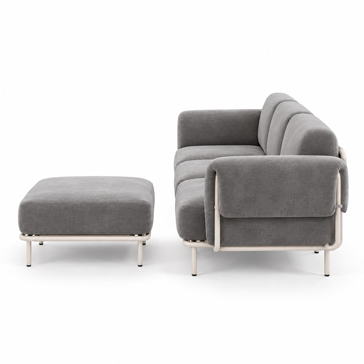 Canapé modulable Malaga 3 places en tissu chiné gris avec pouf, vue de profil