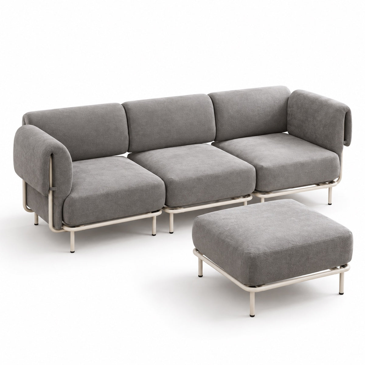 Canapé modulable Malaga 3 places en tissu chiné gris avec pouf, vue trois quarts