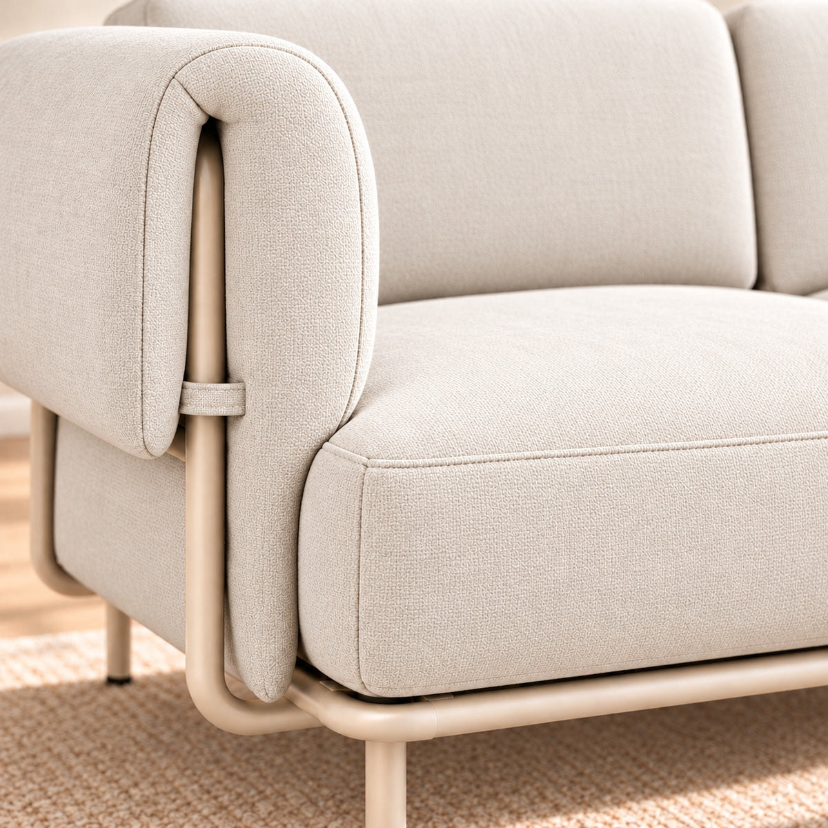 Canapé modulable Malaga 3 places en tissu chiné ivoire avec pouf, détail du tissu
