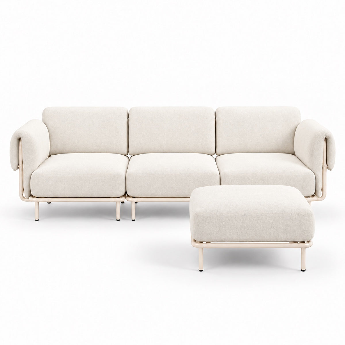 Canapé modulable Malaga 3 places en tissu chiné ivoire avec pouf, vue de face