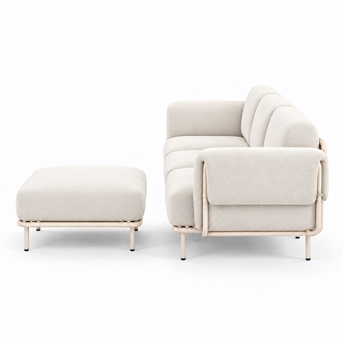 Canapé modulable Malaga 3 places en tissu chiné ivoire avec pouf, vue de profil