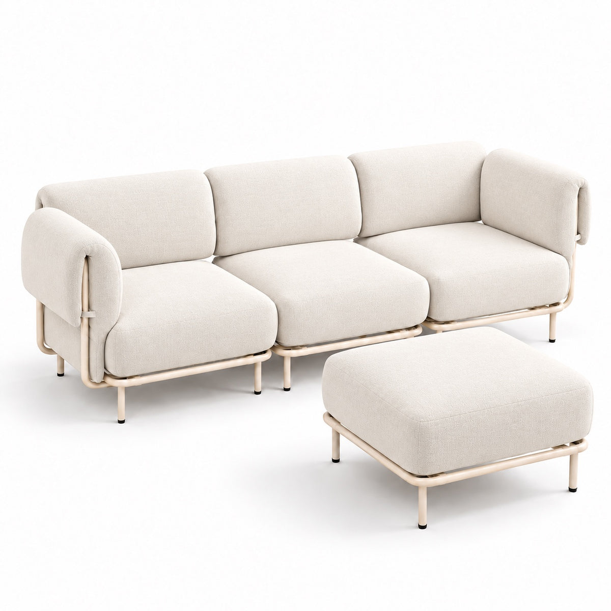 Canapé modulable Malaga 3 places en tissu chiné ivoire avec pouf, vue trois quarts