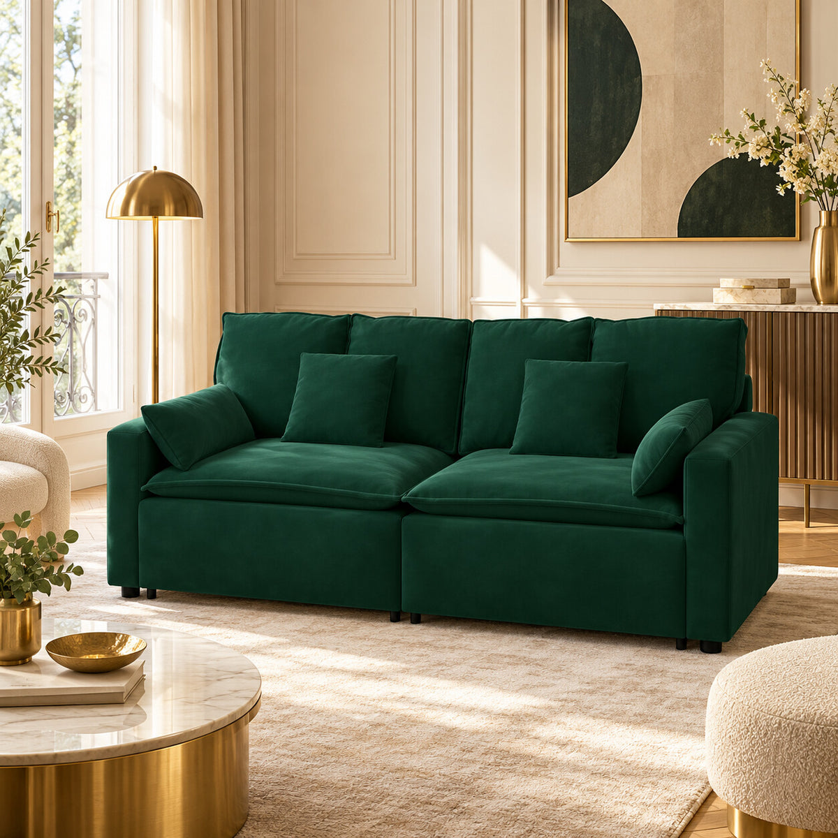 Canapé Mija 2 places en velours vert émeraude en situation dans un salon