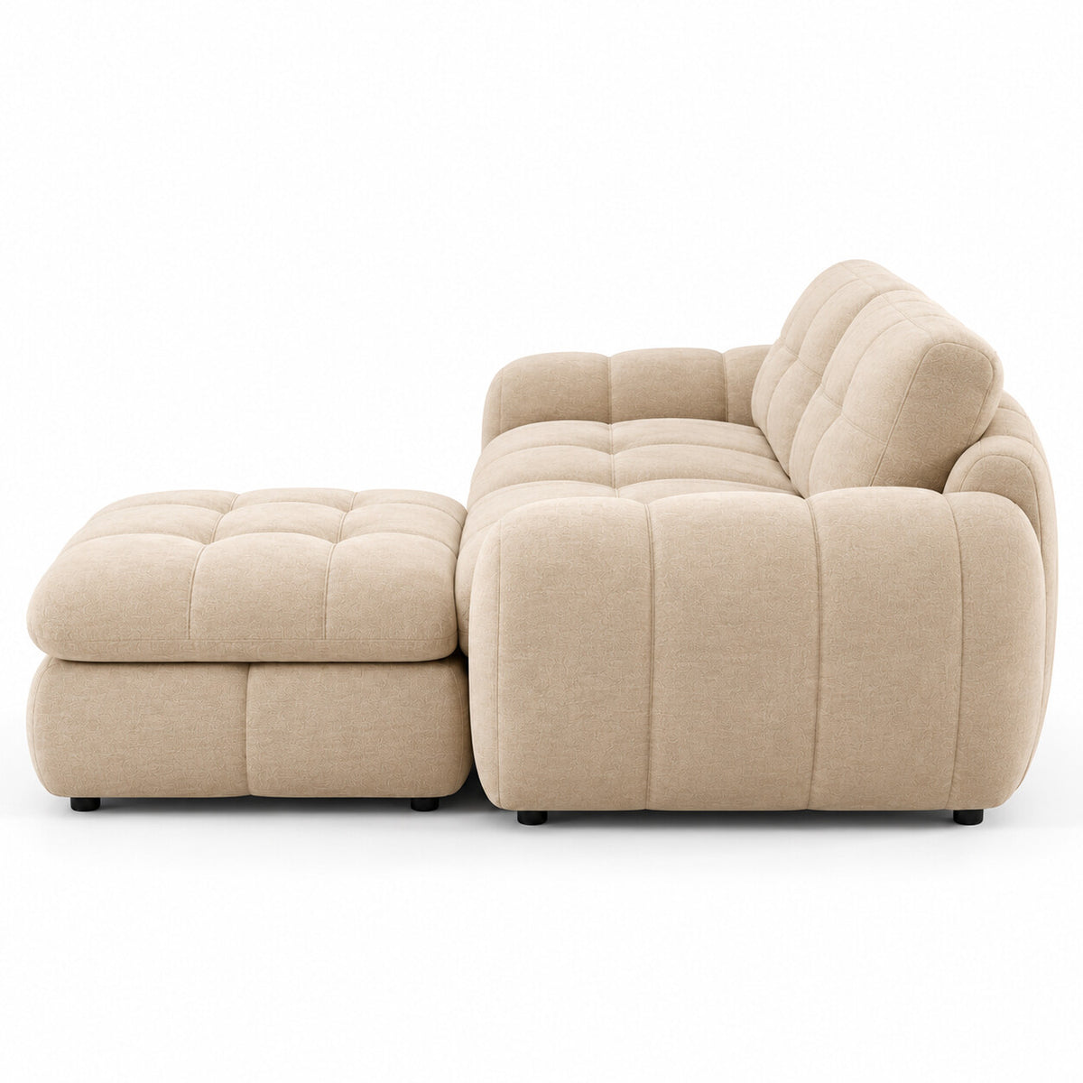 Canapé modulable Ronda 2 places beige avec pouf, vue de profil
