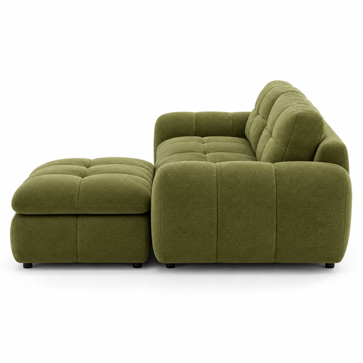 Canapé modulable Ronda 2 places vert olive avec pouf, vue de profil
