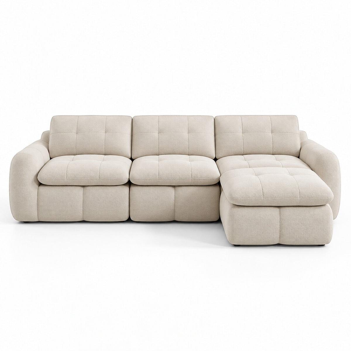 Canapé modulable Ronda 3 places beige avec pouf, vue de face