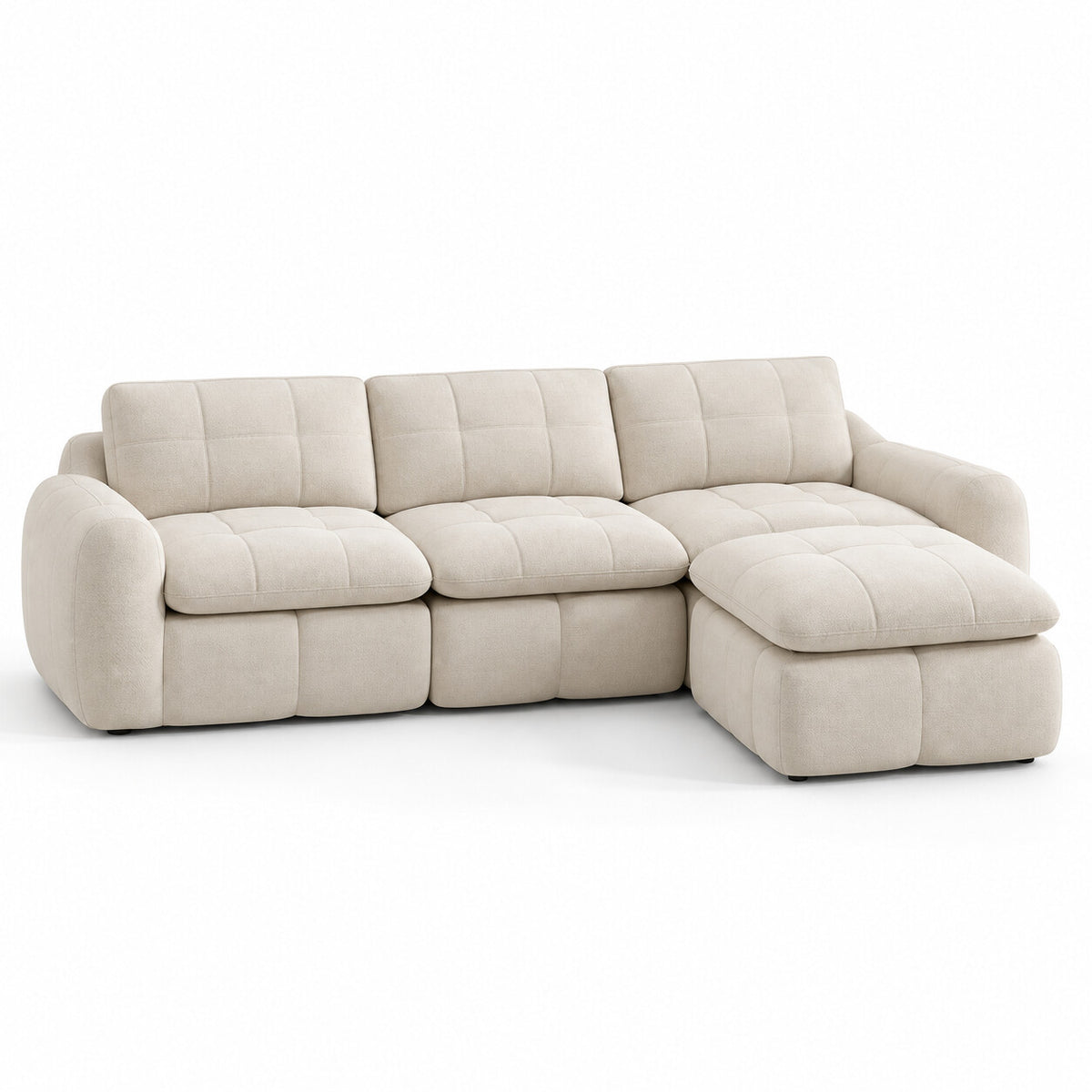 Canapé modulable Ronda 3 places beige avec pouf, vue trois quarts