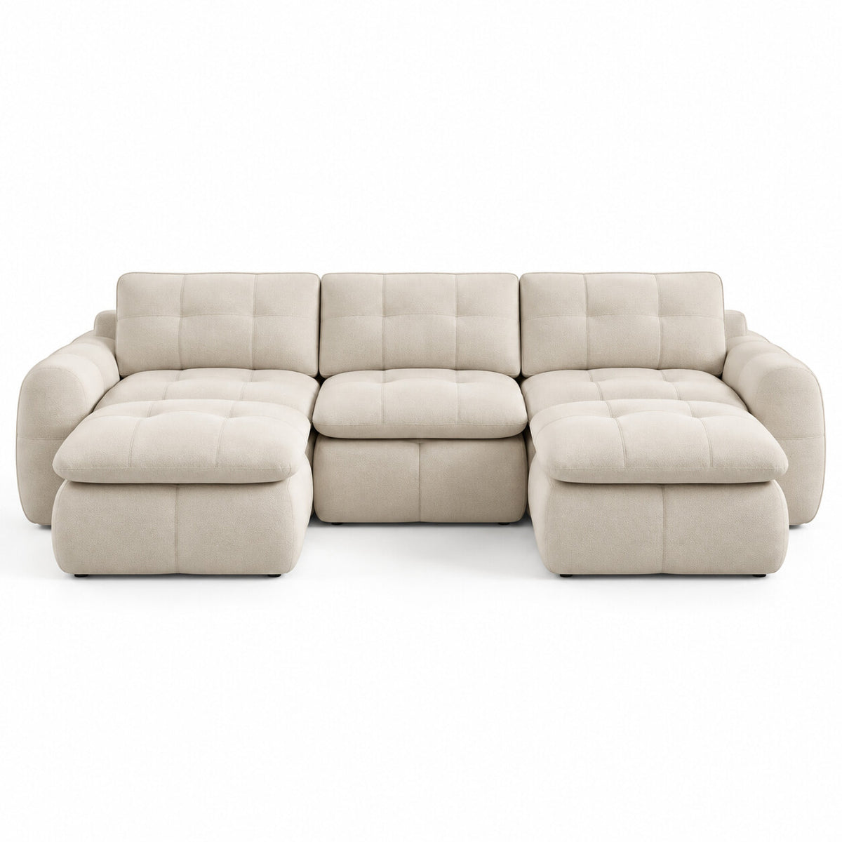 Canapé modulable Ronda 3 places beige avec deux poufs, vue de face