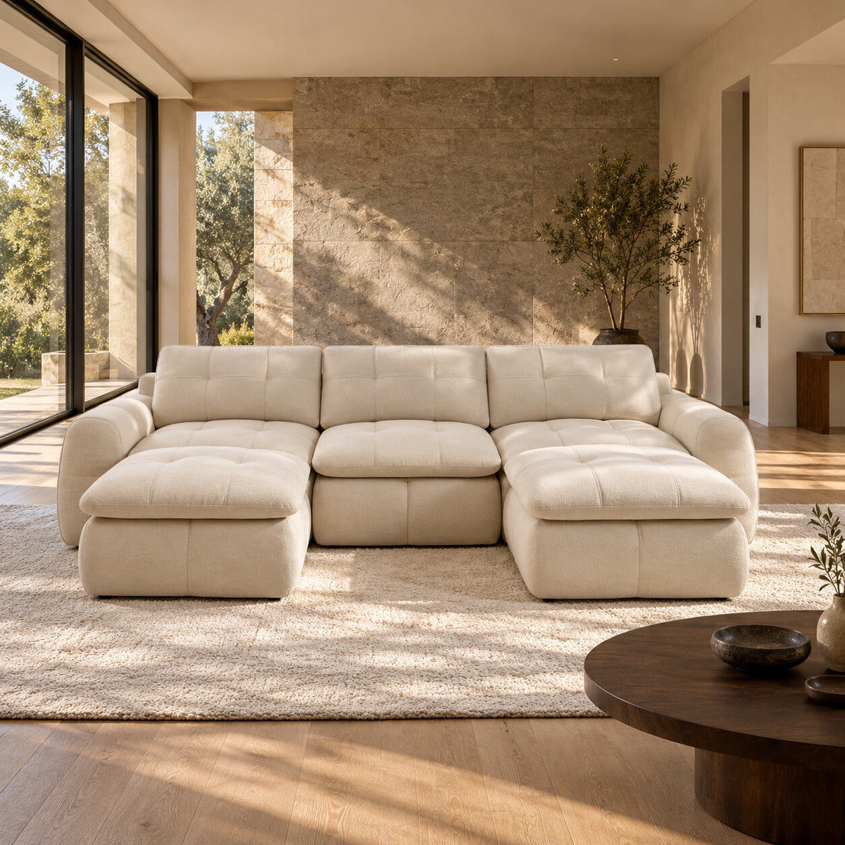 Canapé modulable Ronda 3 places beige avec deux poufs en situation dans un salon