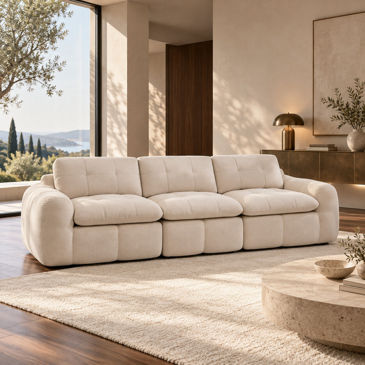 Canapé modulable Ronda 3 places beige en situation dans un salon