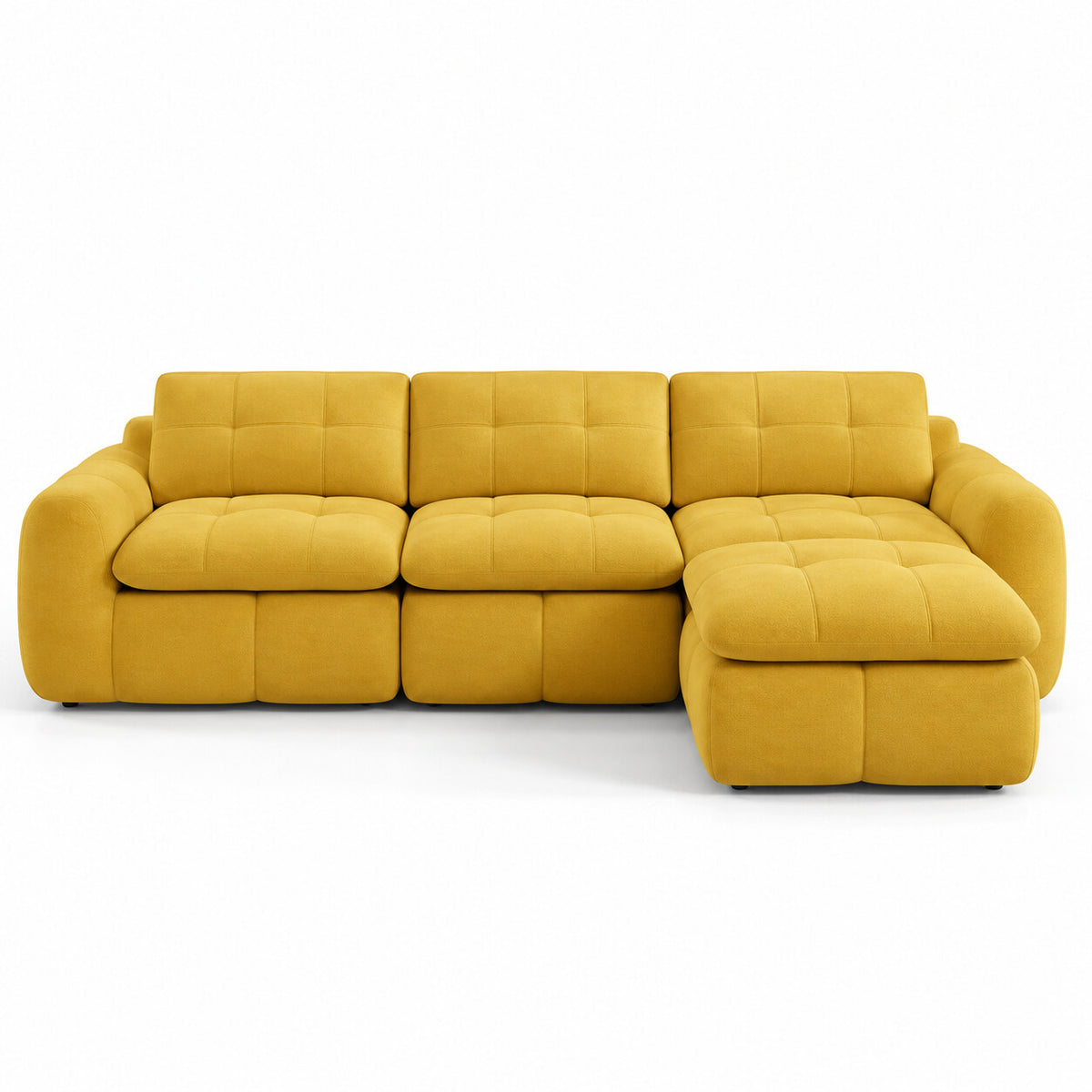 Canapé modulable Ronda 3 places jaune moutarde avec pouf, vue de face