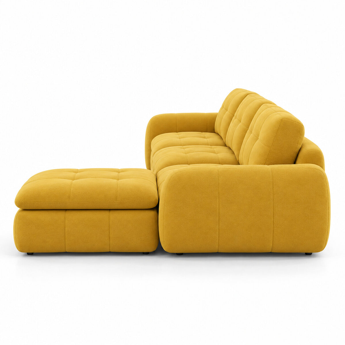 Canapé modulable Ronda 3 places jaune moutarde avec pouf, vue de profil