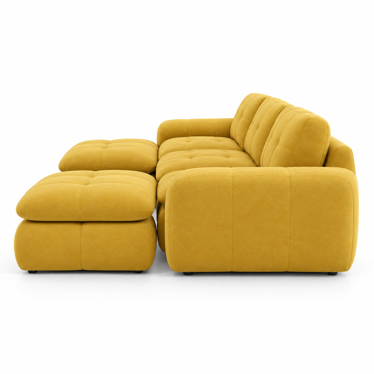 Canapé modulable Ronda 3 places jaune moutarde avec deux poufs, vue de profil