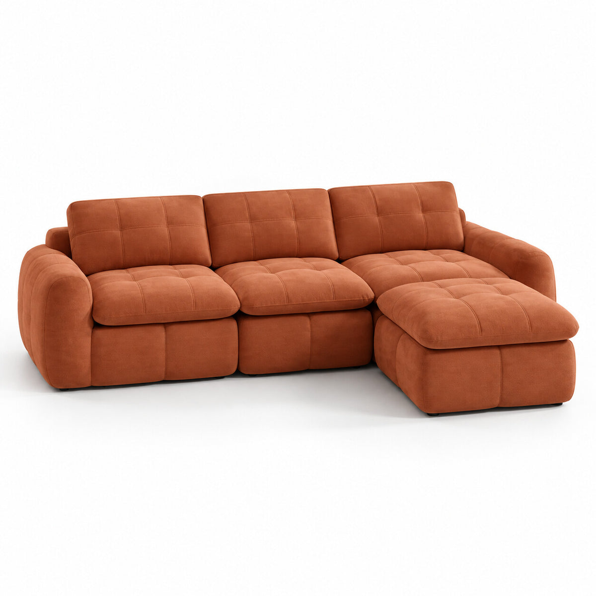 Canapé modulable Ronda 3 places terracotta avec pouf, vue trois quarts