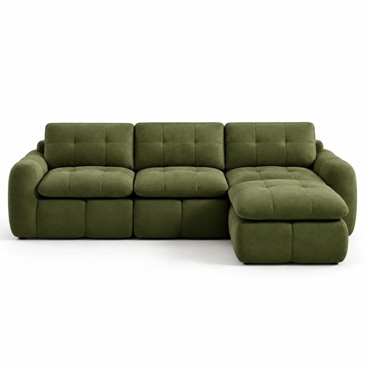 Canapé modulable Ronda 3 places vert olive avec pouf, vue de face