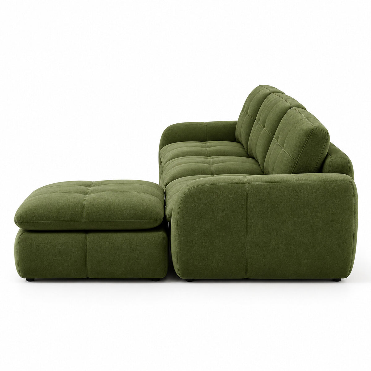 Canapé modulable Ronda 3 places vert olive avec pouf, vue de profil