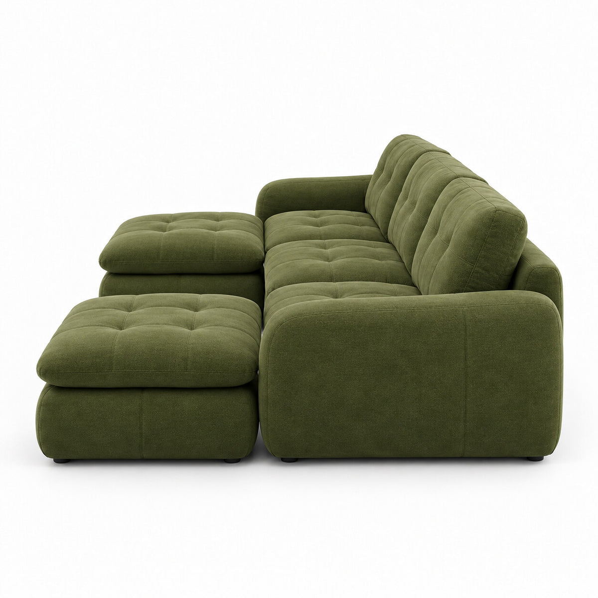 Canapé modulable Ronda 3 places vert olive avec deux poufs, vue de profil